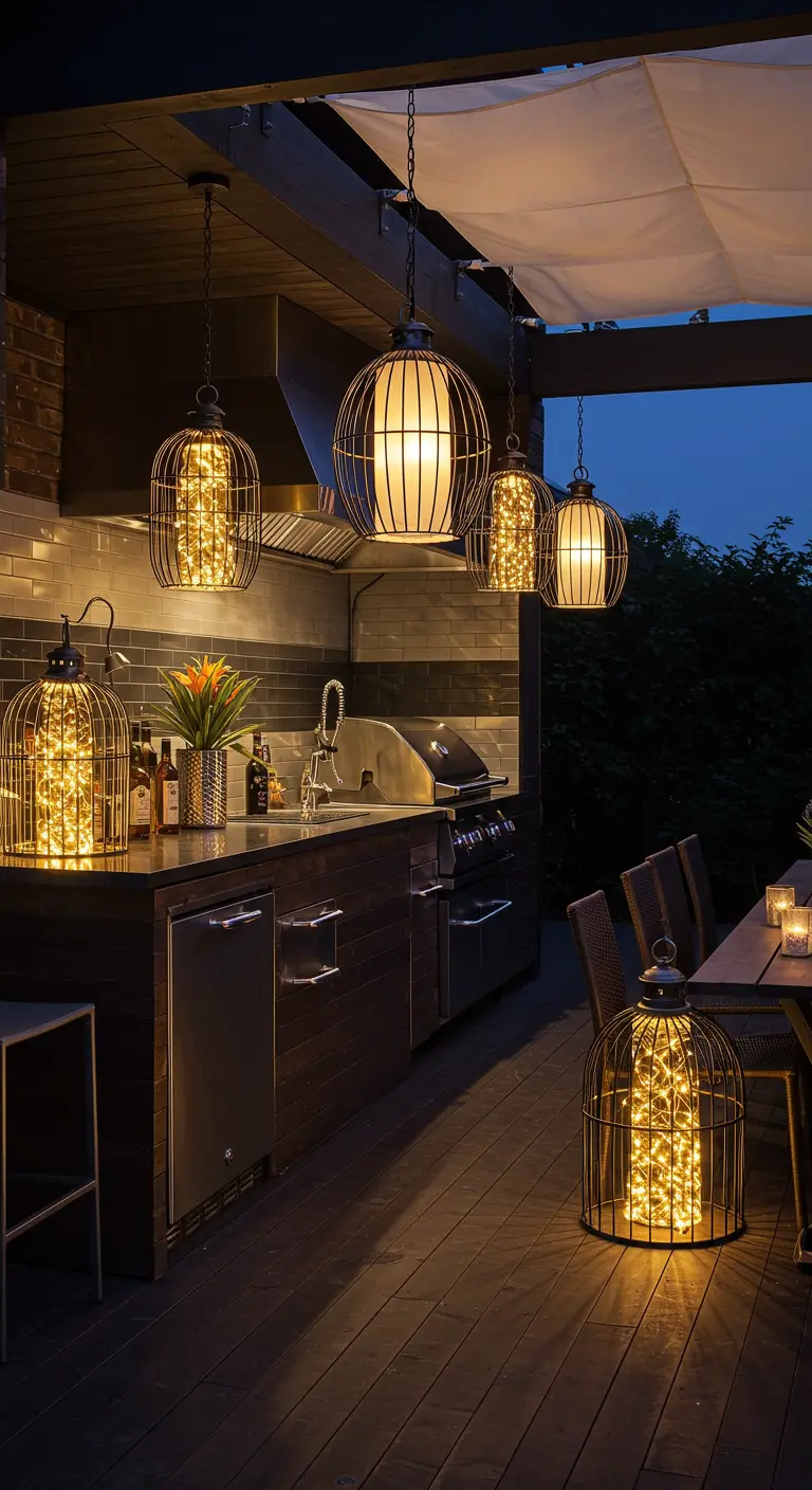 Cuisine extérieure sous patio couvert avec lanternes cages modernes et guirlandes LED.