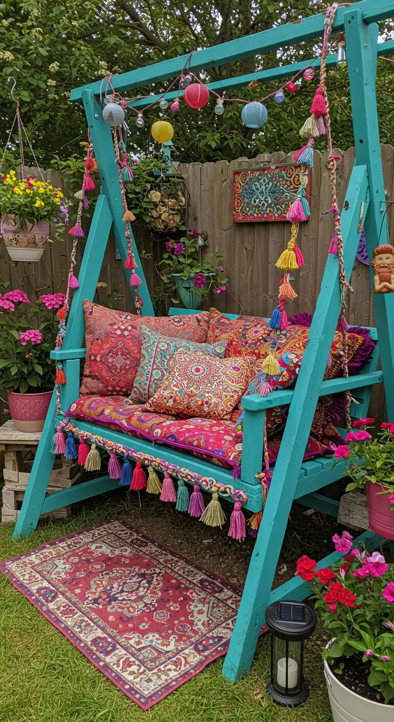 Balançoire turquoise, coussins multicolores, pompons, lampions dans un jardin bohème.