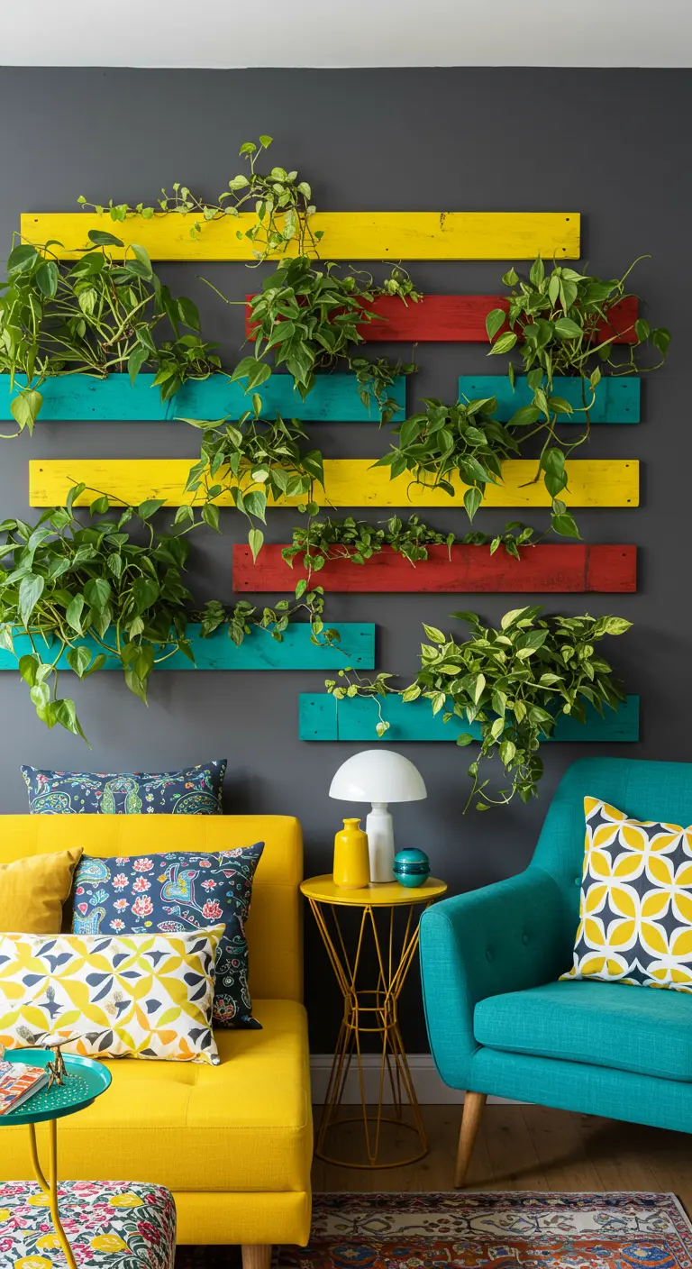 Planches de bois colorées (jaune, rouge, turquoise) avec des plantes vertes dans des pots suspendus.