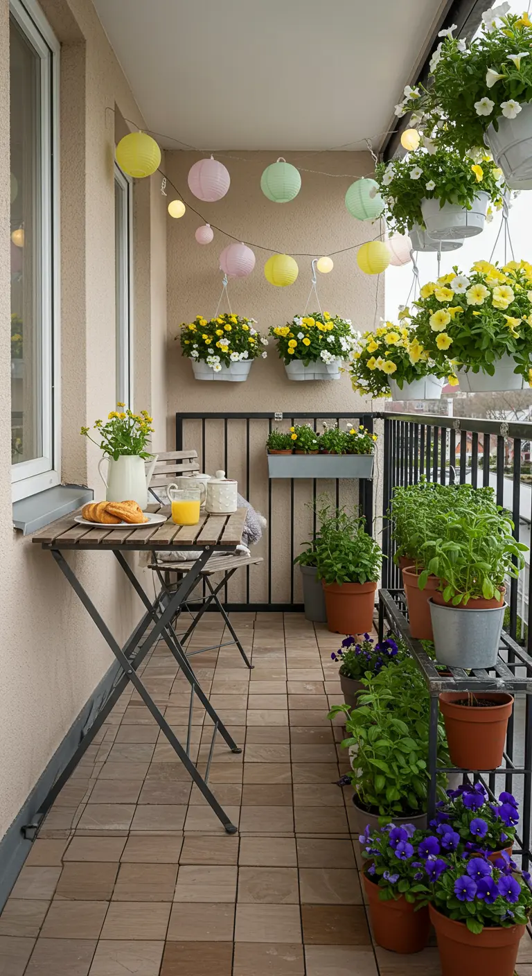 Petit balcon avec table pliante, lampions colorés, herbes aromatiques et jardinières suspendues.