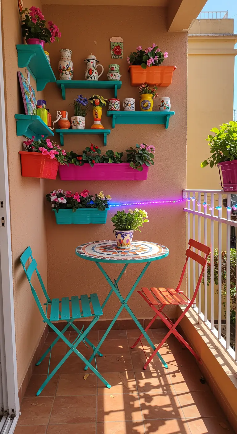 Balcon coloré style méditerranéen avec étagères vives, table mosaïque et chaises.