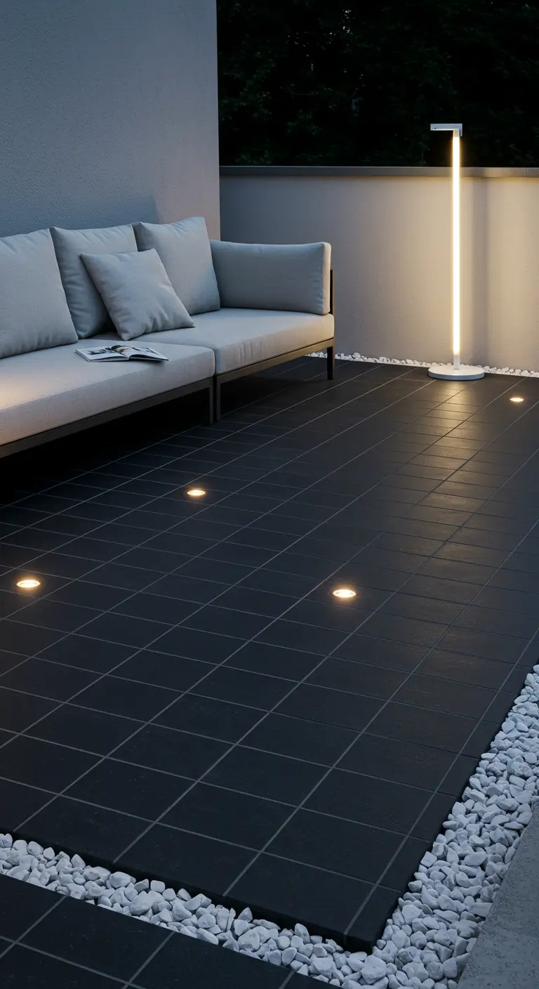 Terrasse minimaliste avec carrelage sombre, spots encastrés au sol, galets blancs et lampe de sol moderne.