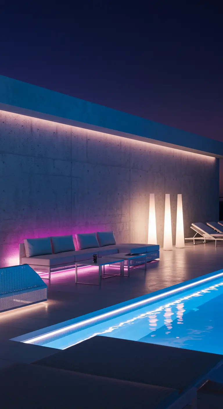Terrasse moderne avec piscine, éclairage LED linéaire violet et blanc, et mobilier minimaliste.