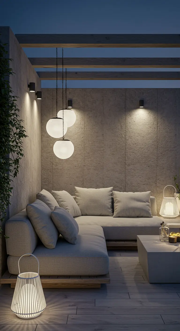Terrasse moderne et minimaliste avec canapé gris, suspensions sphériques et lanternes au sol.