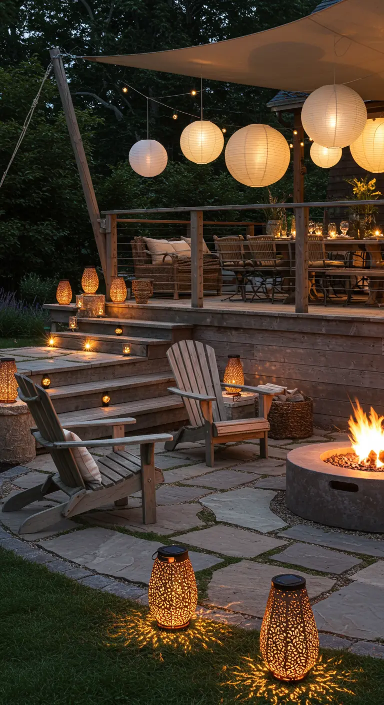 Jardin éclairé de lampions blancs et lanternes solaires ajourées, avec foyer et chaises en bois.