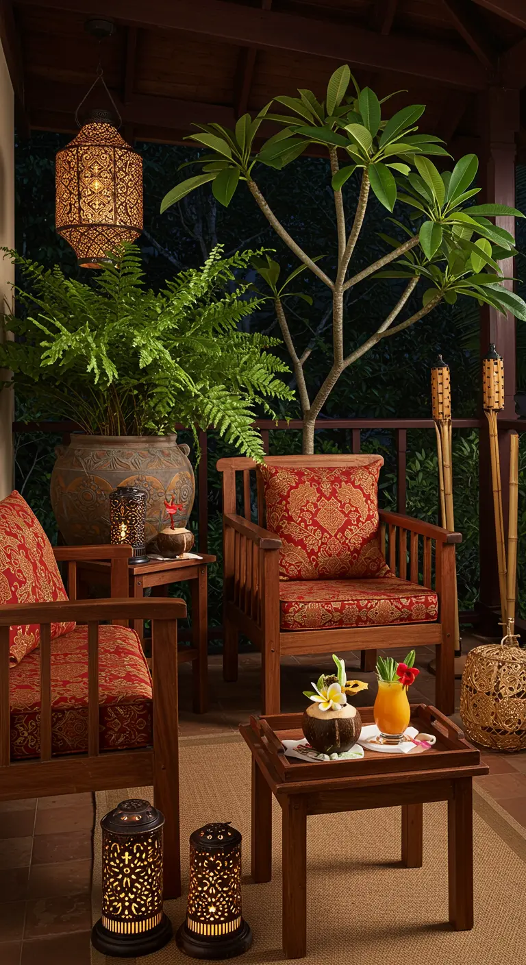 Terrasse couverte avec mobilier bois, coussins rouges, lanternes ajourées et torches tiki.