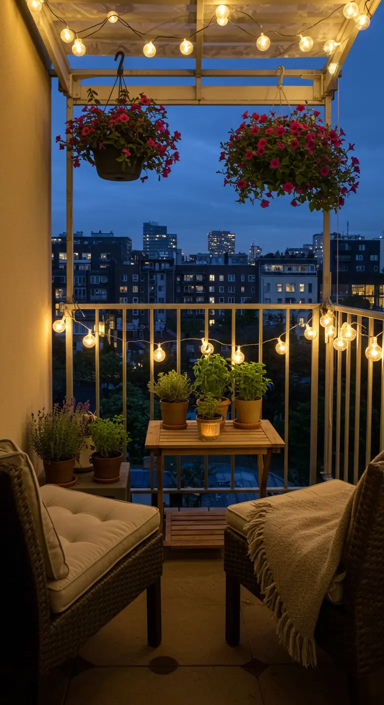 Petit balcon intime de nuit avec guirlandes, deux suspensions fleuries et table d'herbes aromatiques.