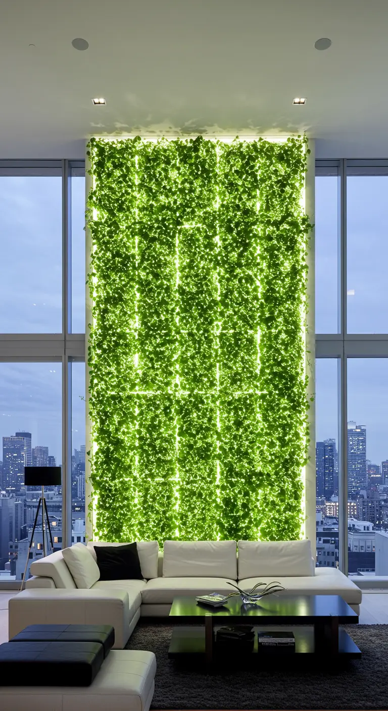Grand mur végétal lumineux et très vert dans un salon contemporain avec vue sur la ville.