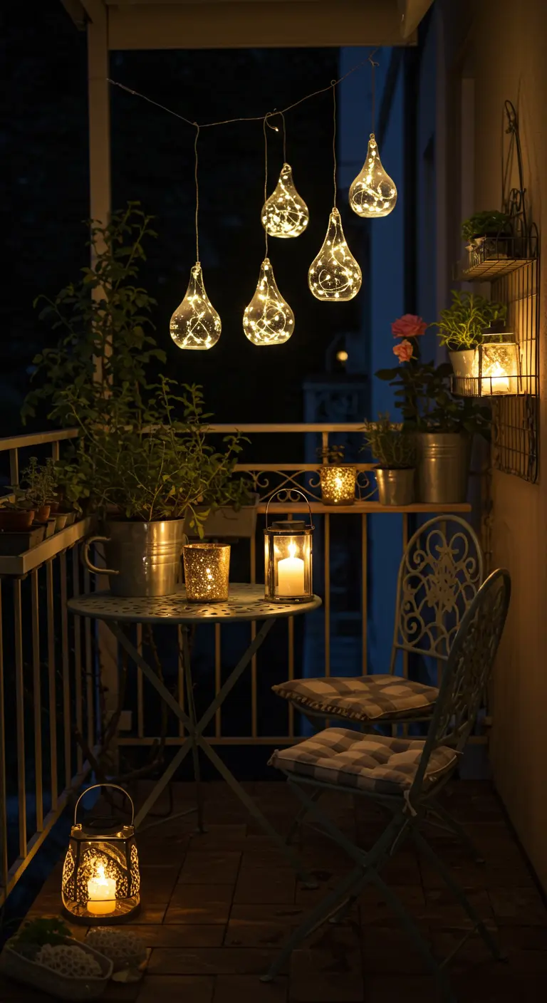Balcon romantique avec suspensions lumineuses en forme de goutte, bougies et plantes.
