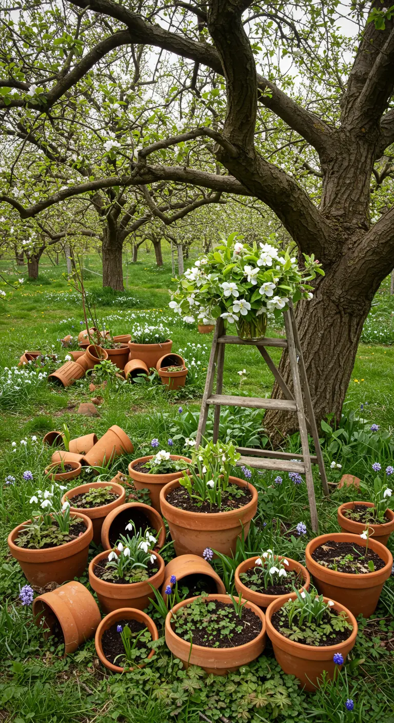 Verger en fleurs avec des pots en terre cuite remplis de fleurs de printemps et une vieille échelle.