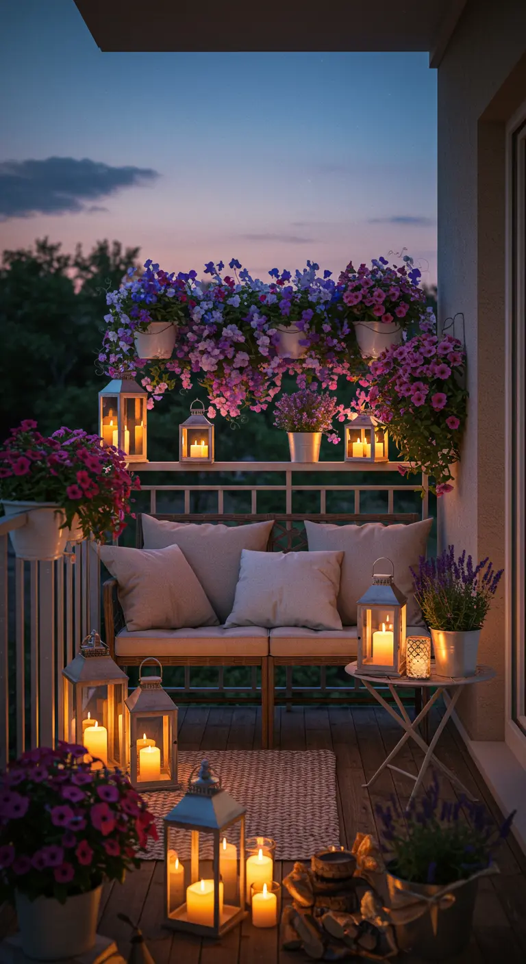 Balcon romantique au crépuscule avec multiples lanternes, bougies et jardinières de fleurs violettes.