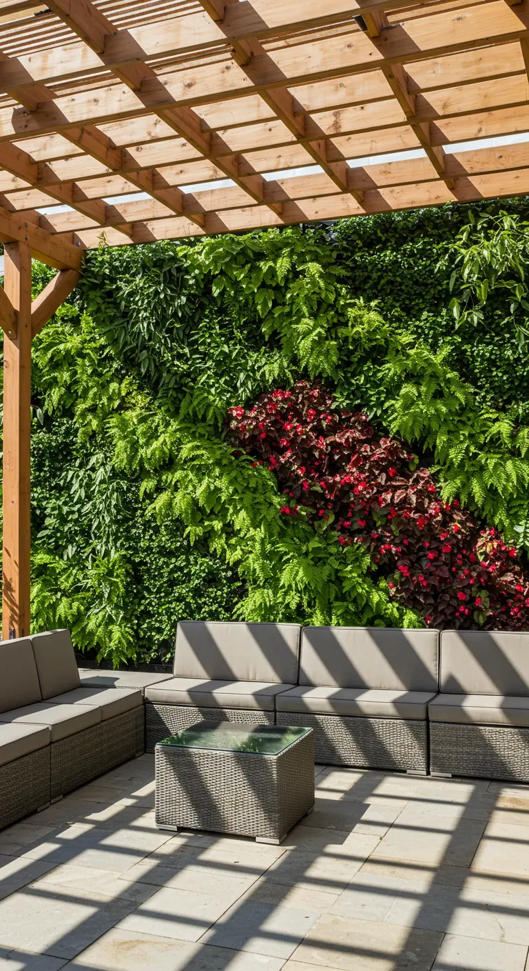 Mur végétal extérieur sous une pergola en bois, avec une bande diagonale de plantes rouges.