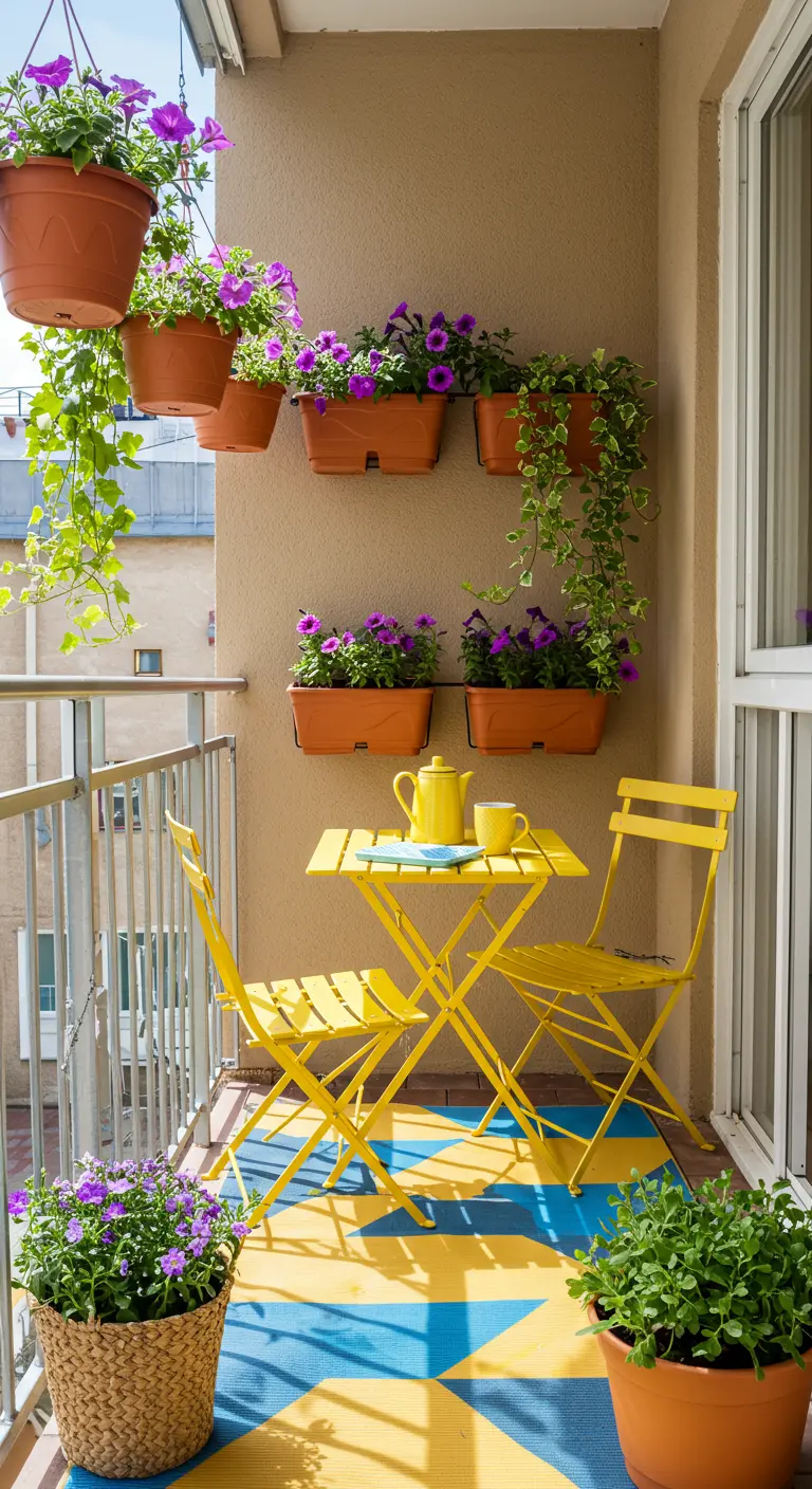 Balcon avec ensemble bistrot jaune, tapis géométrique bleu et jaune, jardinières murales de pétunias.