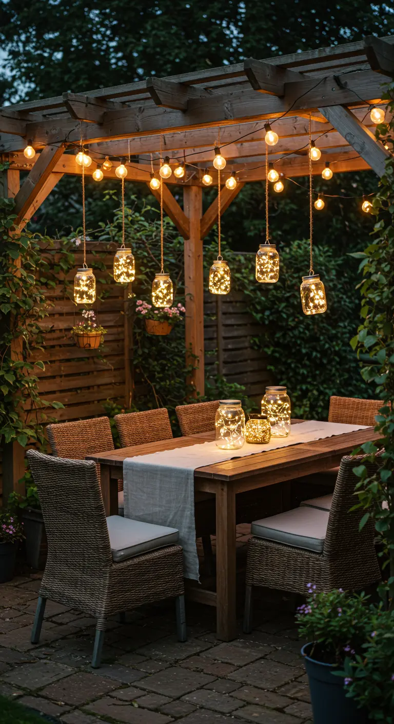 Pergola en bois éclairée par des guirlandes et des bocaux lumineux suspendus, créant une ambiance feutrée.