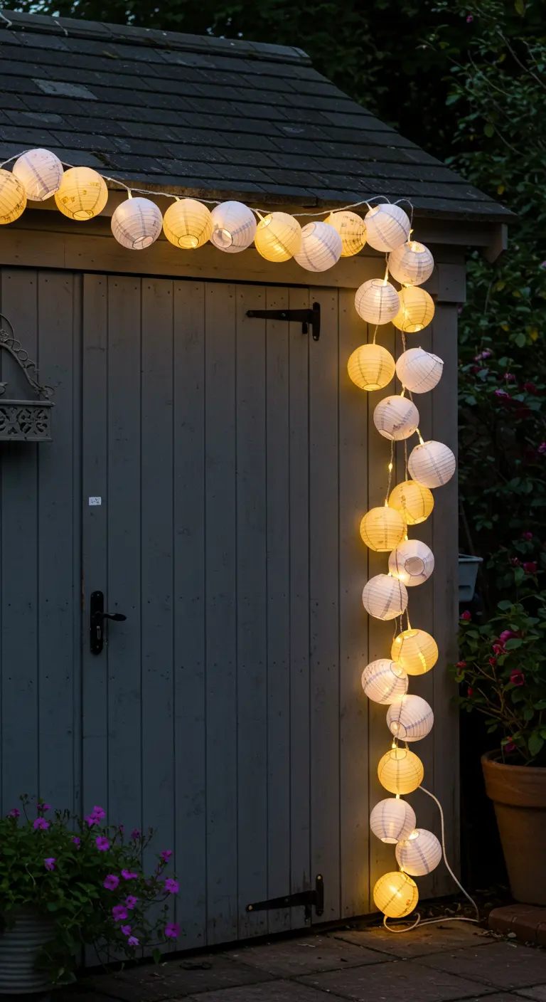 Cabanon de jardin avec guirlande verticale de petits lampions blancs et LED sur le côté.