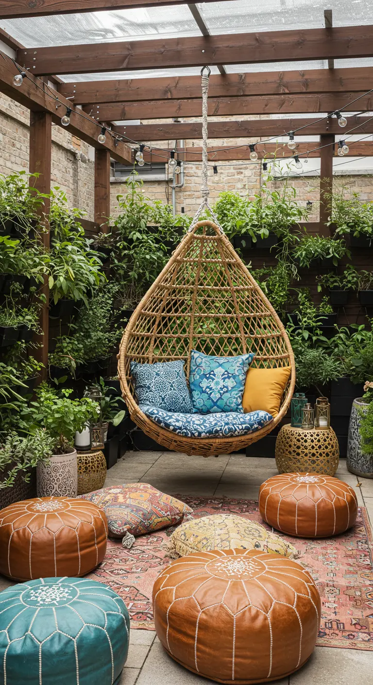 Fauteuil suspendu en rotin, poufs marocains, tapis, jardin vertical sur un patio bohème.