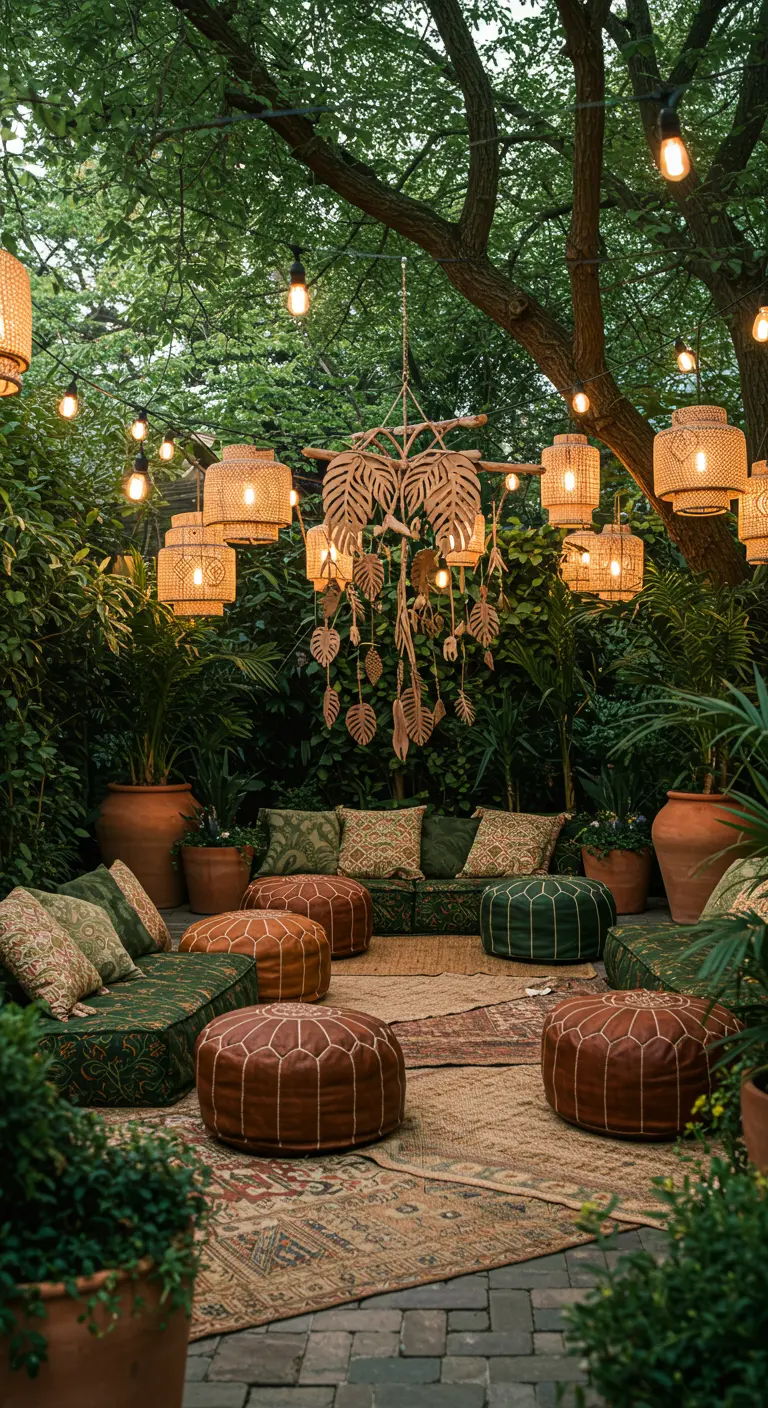 Salon de jardin bohème sous les arbres, poufs en cuir, lanternes tressées et mobile feuilles.