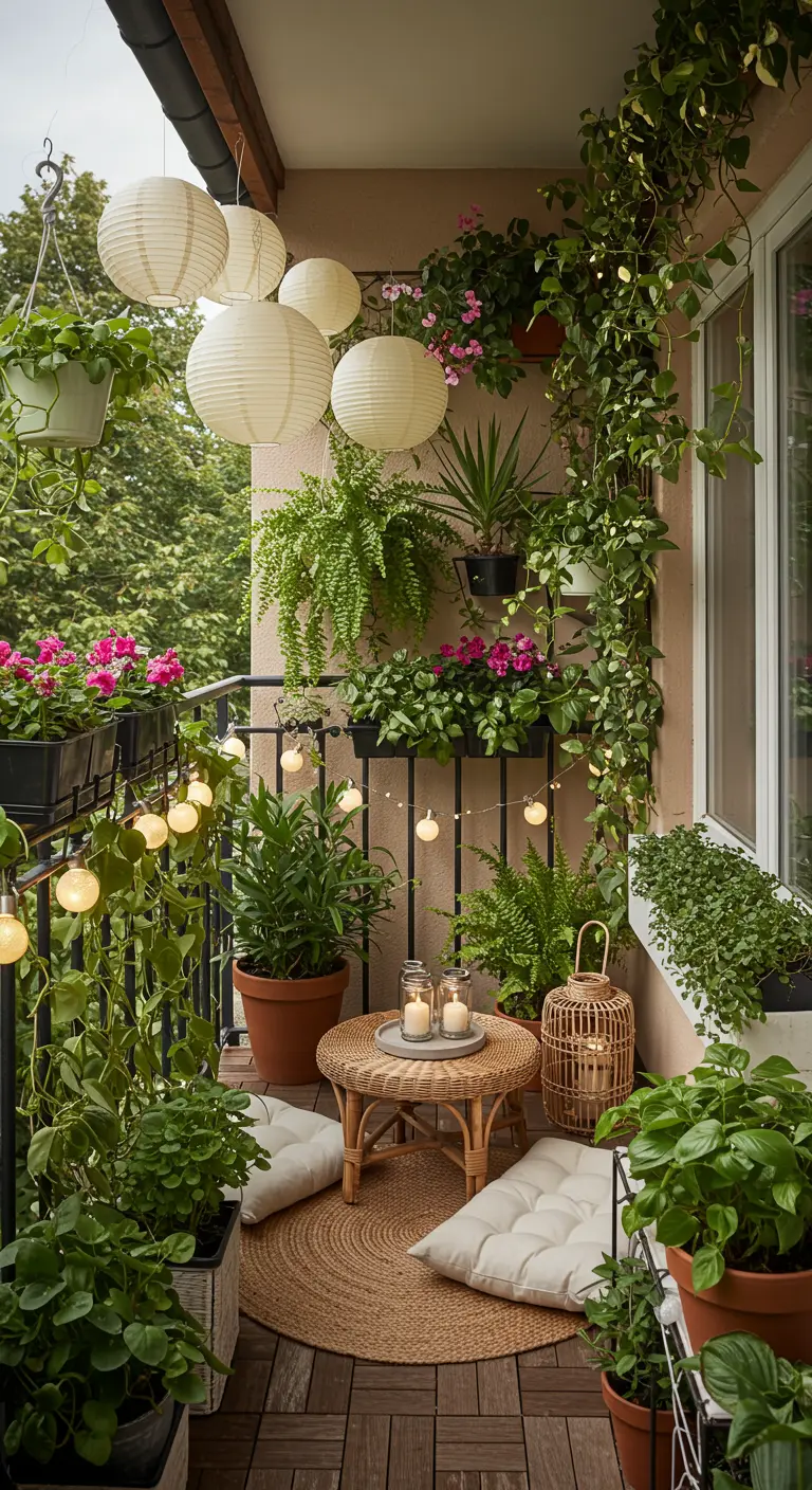 Petit balcon cosy avec lampions blancs, plantes vertes et guirlande lumineuse.