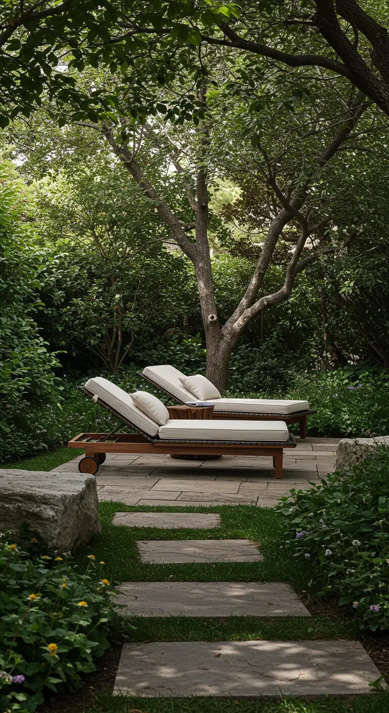 Deux transats blancs en bois dans un jardin luxuriant avec des arbres et un chemin en pas japonais.
