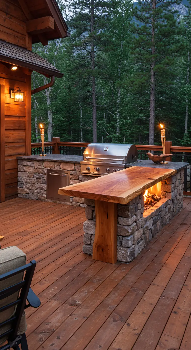 Cuisine extérieure en pierre et bois brut avec foyer intégré, barbecue encastré, au cœur d'une forêt.