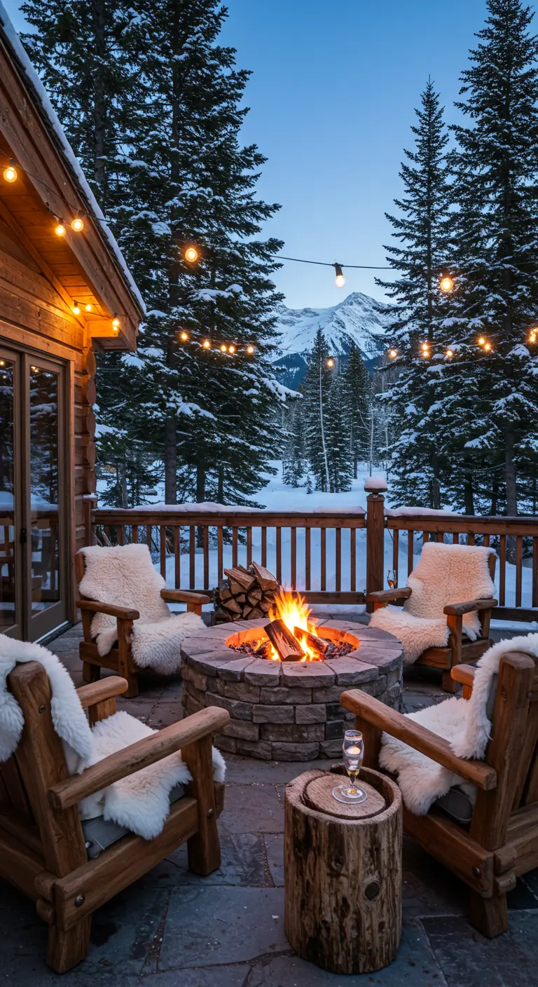 Coin salon extérieur douillet avec brasero, chaises en bois et fourrure, guirlandes lumineuses dans la neige.