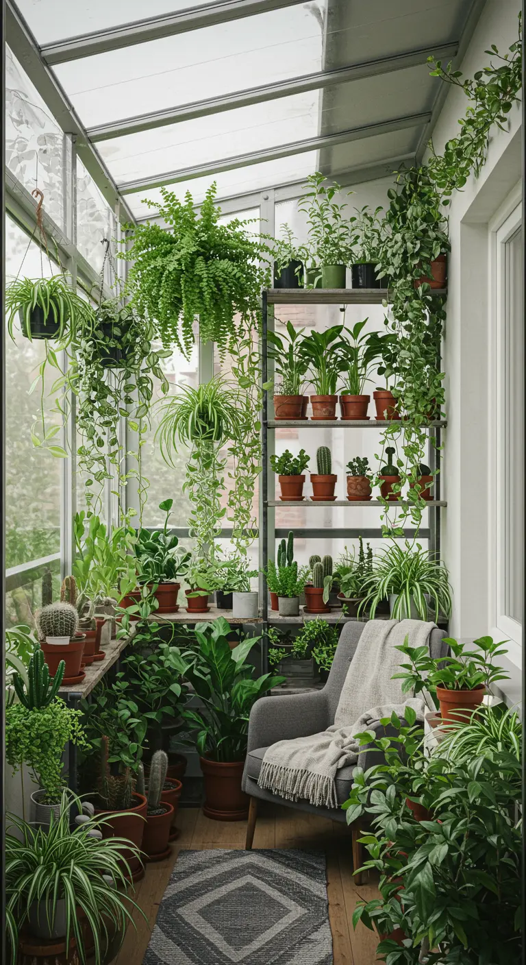 Véranda ou balcon fermé rempli de plantes vertes, cactus, étagères et fauteuil douillet.