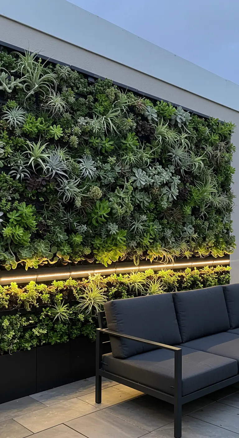 Grand mur végétal de succulentes avec éclairage LED, canapé extérieur moderne.