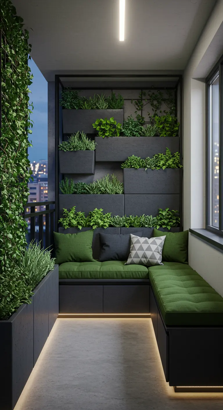 Balcon moderne avec banquette verte et mur végétal intégré.