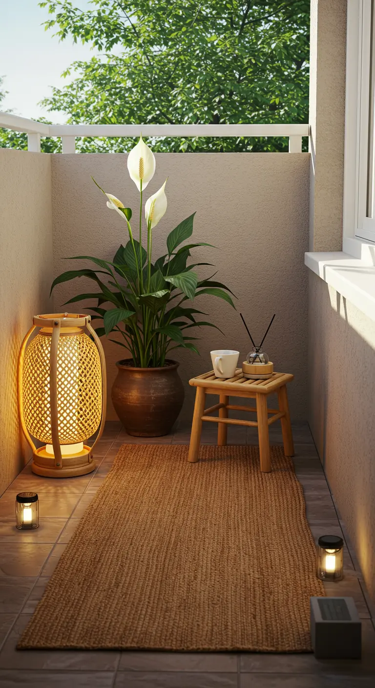 Petit balcon zen avec plante de lune, tapis de jonc, lanterne bambou et lumières au sol.