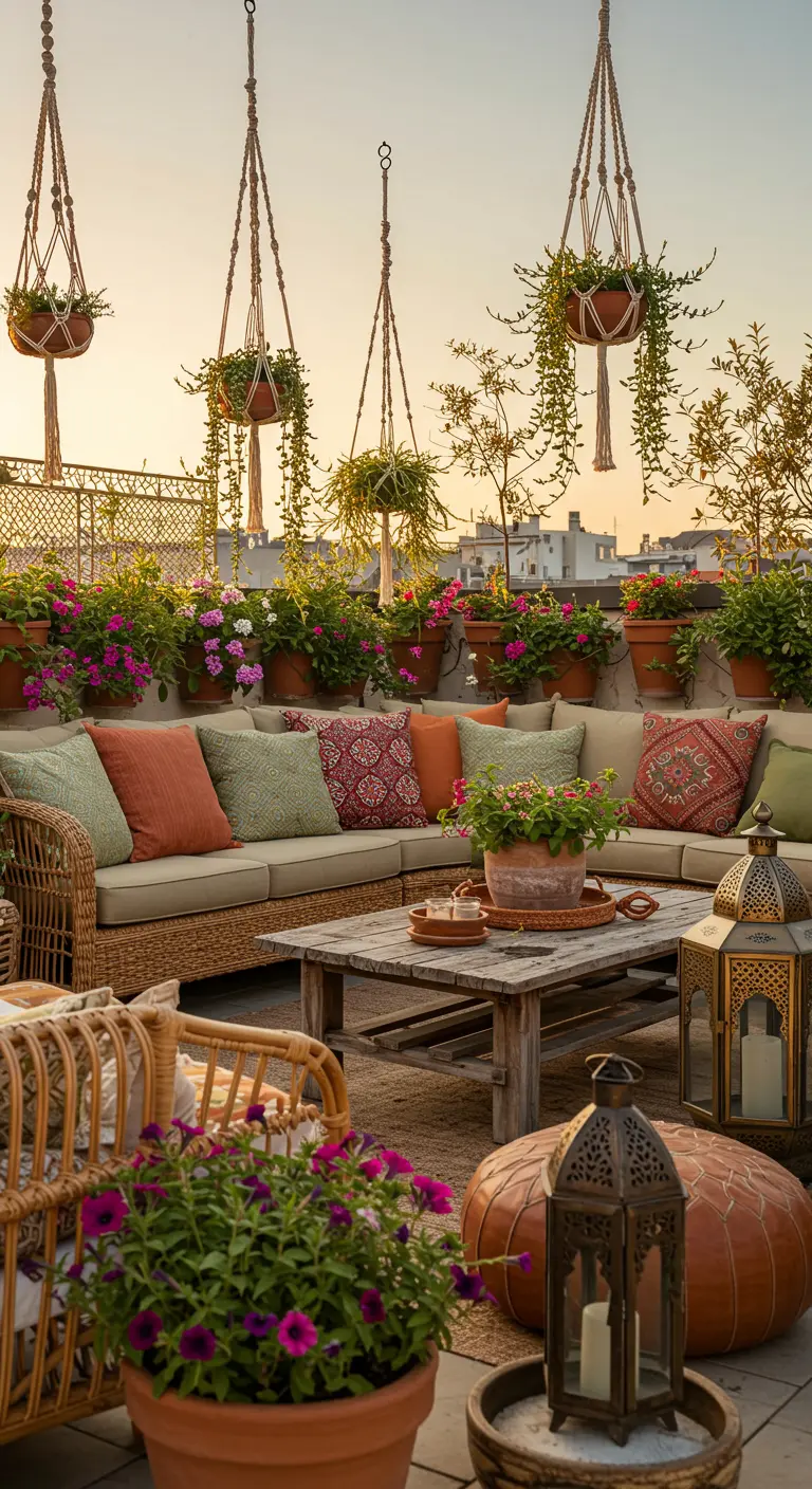 Terrasse sur le toit bohème avec salon confortable et plantes suspendues en macramé.