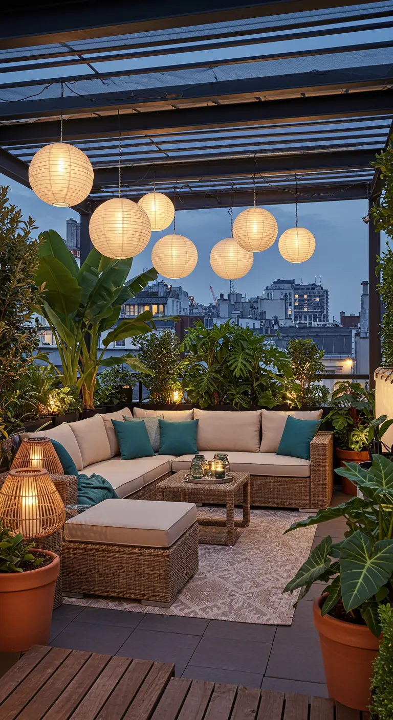 Terrasse urbaine avec lampions de papier blancs suspendus au-dessus d'un canapé d'angle en rotin.