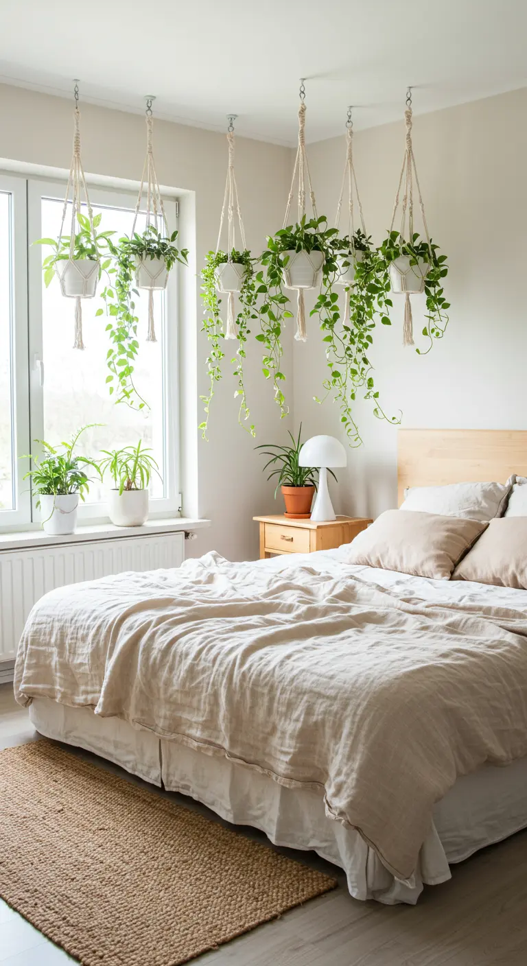 Chambre lumineuse avec plusieurs pots suspendus en macramé blanc devant une grande fenêtre.