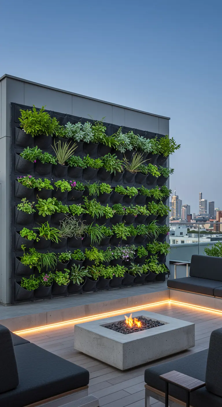 Grand mur végétal moderne sur un toit-terrasse avec foyer et mobilier extérieur.