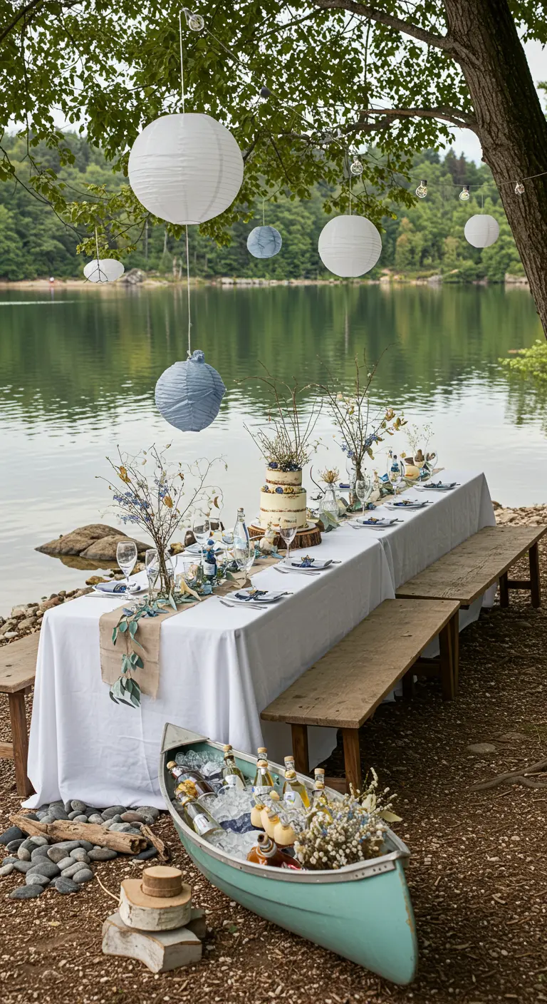 Table dressée au bord d'un lac avec canot transformé en glacière, garni de boissons et fleurs, et lanternes en papier.