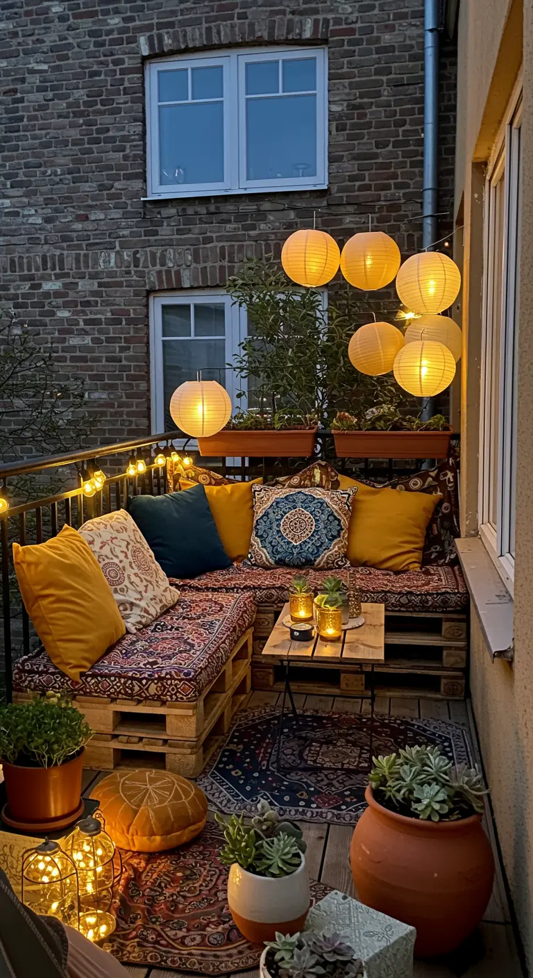 Balcon bohème avec banquette en palettes, coussins colorés, lampions oranges et tapis oriental.