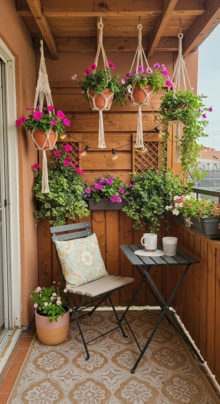 Balcon cosy avec jardinières suspendues en macramé et un petit coin repas