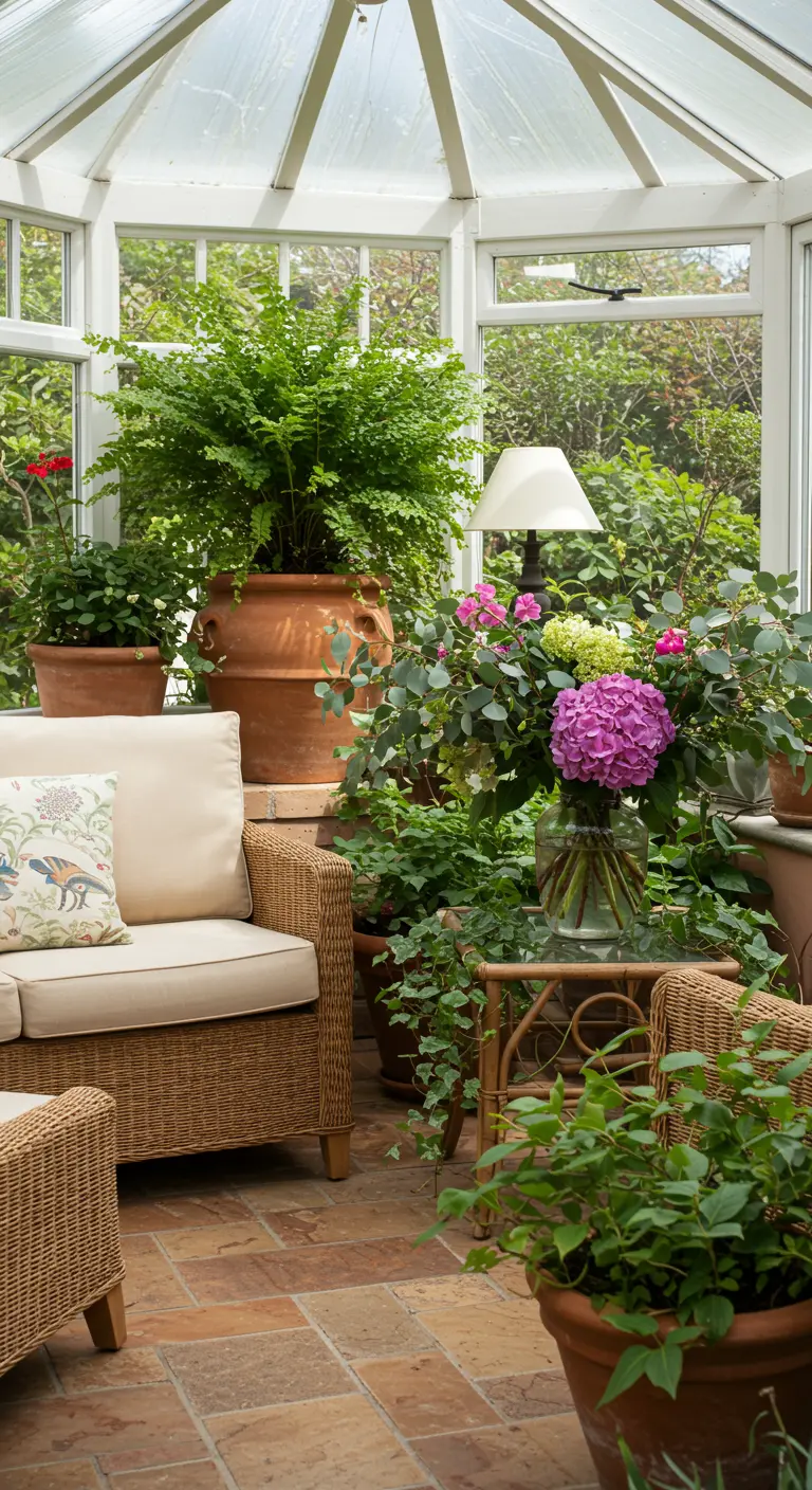 Véranda lumineuse avec des fauteuils en rotin, de grandes plantes en pot et un bouquet d'hortensias.