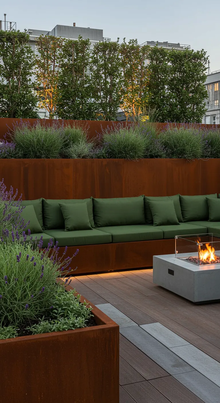 Terrasse avec bacs en acier Corten, lavande et foyer extérieur moderne.