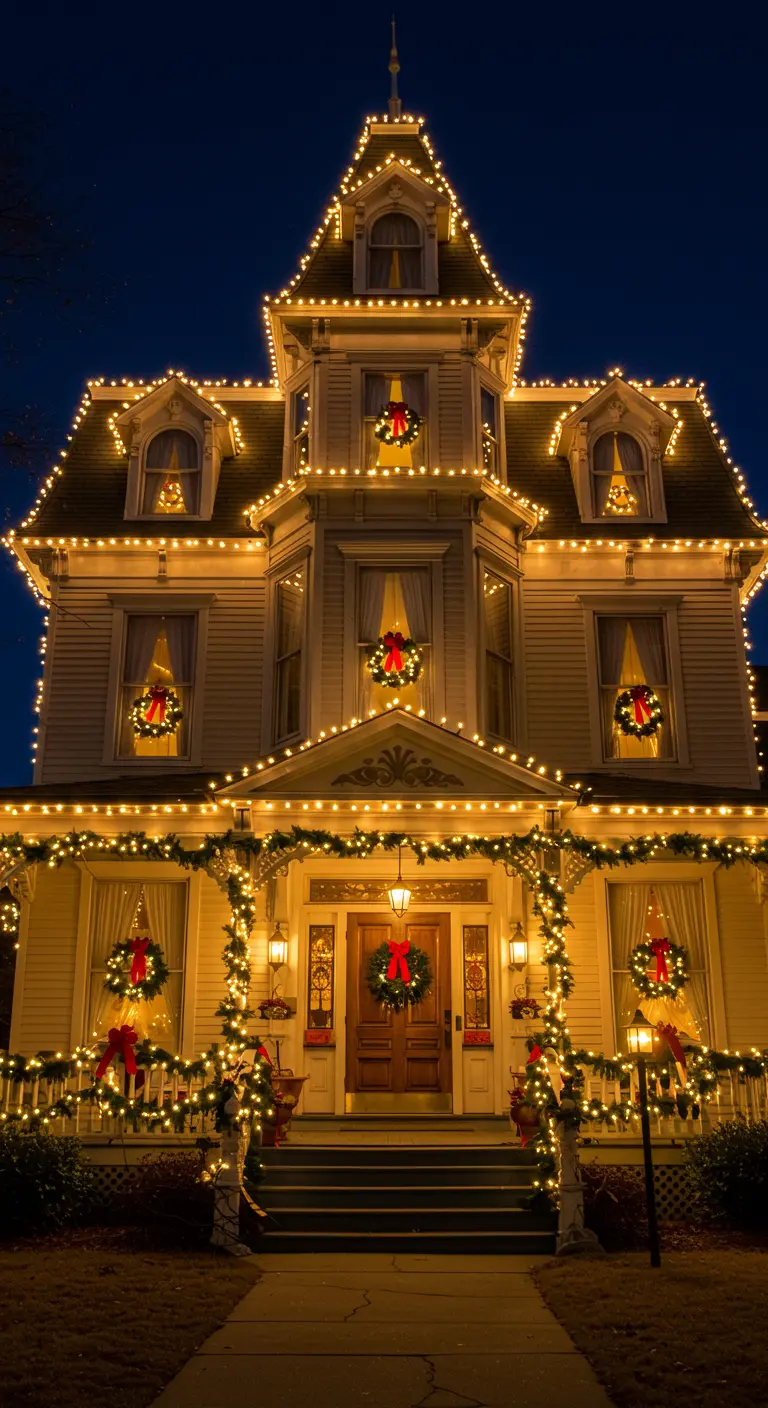 Grande maison coloniale blanche illuminée de guirlandes, couronnes et nœuds rouges pour les fêtes.