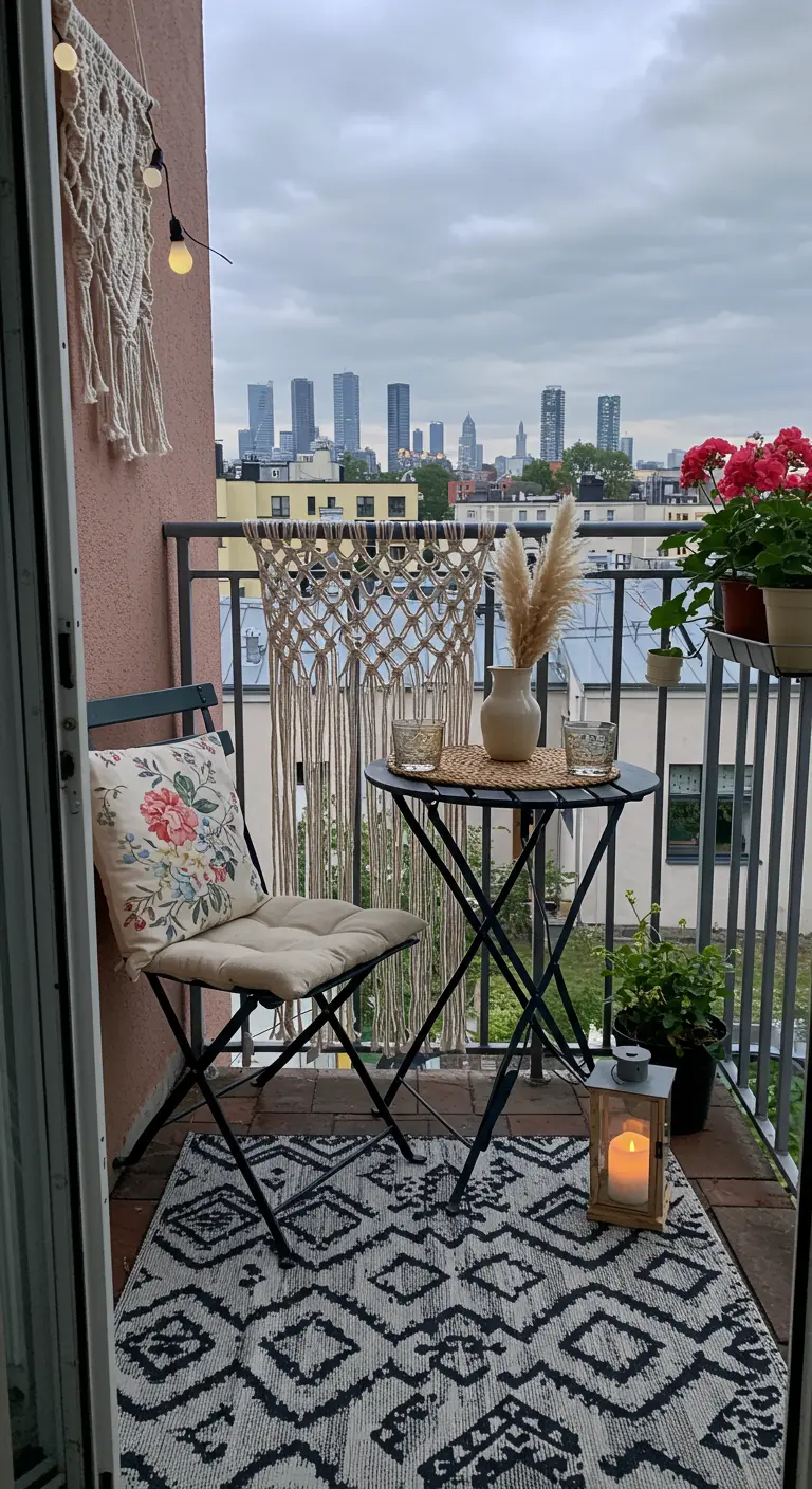 Petit balcon avec table bistro, tapis noir et blanc, macramé et herbe de la Pampa