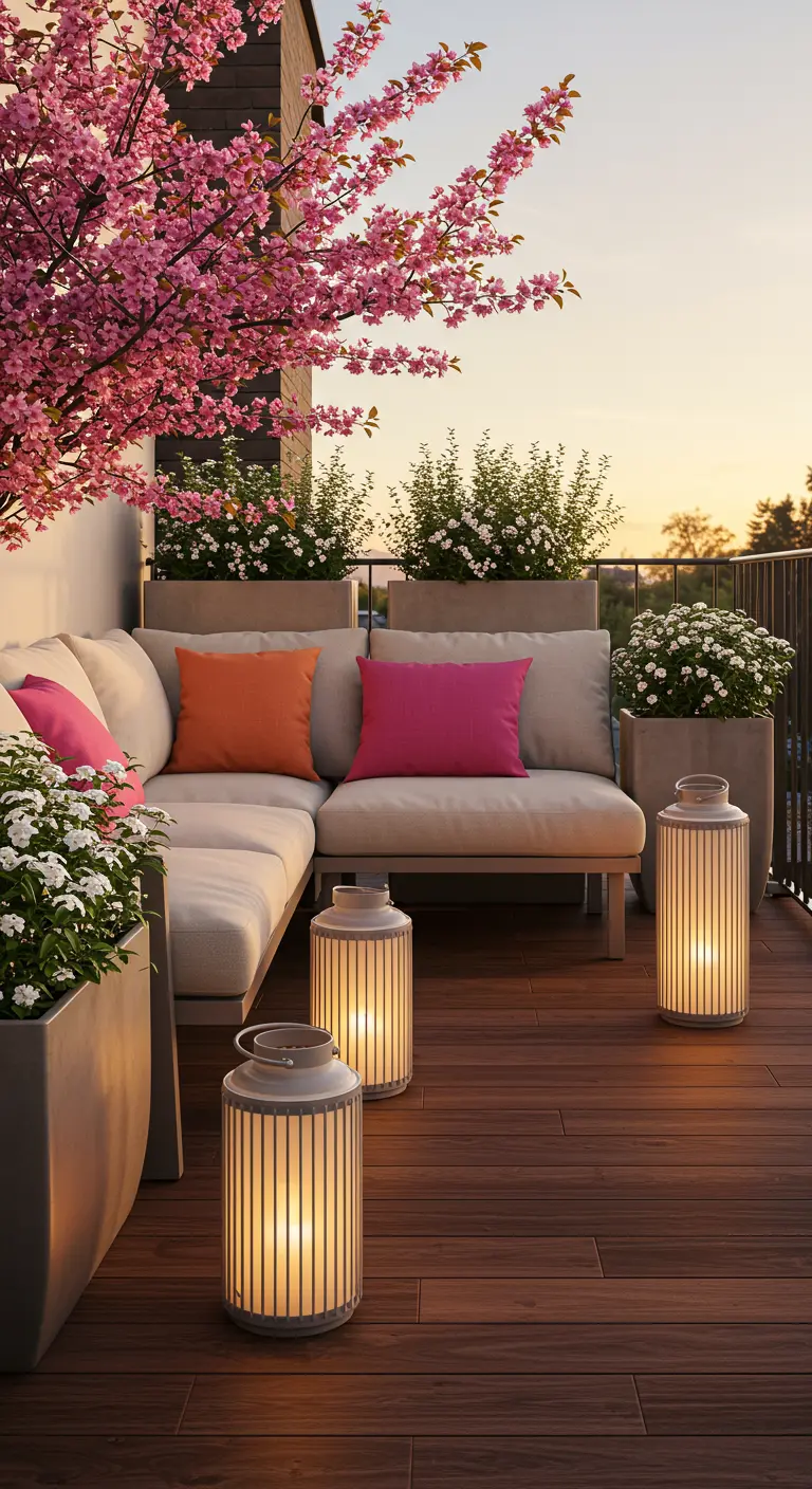 Terrasse moderne avec cerisier en fleurs, canapé extérieur, jardinières et lanternes led au crépuscule.