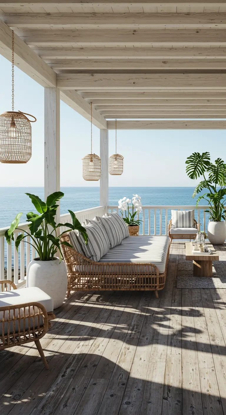 Balcon face à la mer avec canapé-lit en rotin, grands pots blancs et suspensions tressées.