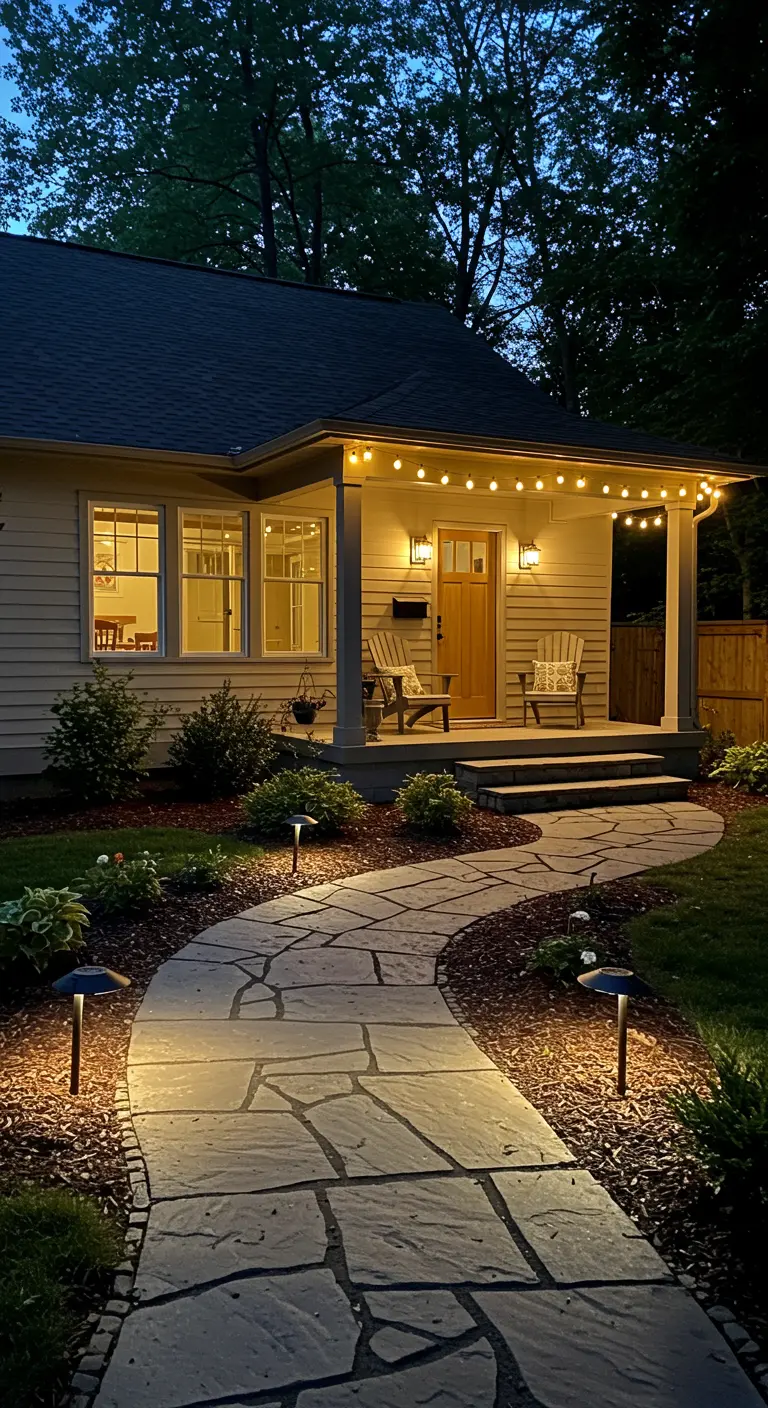 Maison avec porche éclairé par des guirlandes lumineuses, et un chemin pavé bordé de balises.