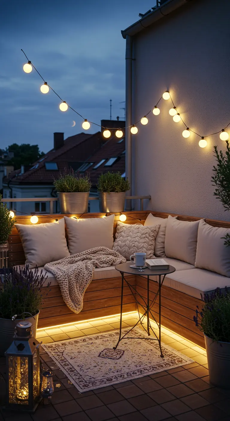 Banc extérieur intégré avec éclairage LED sous l'assise, coussins clairs et guirlandes lumineuses.