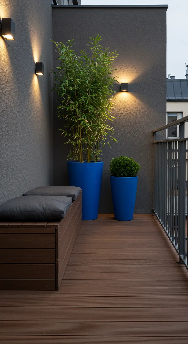 Balcon moderne avec mur gris foncé, grands pots bleus, bambou et buis, banquette en bois.