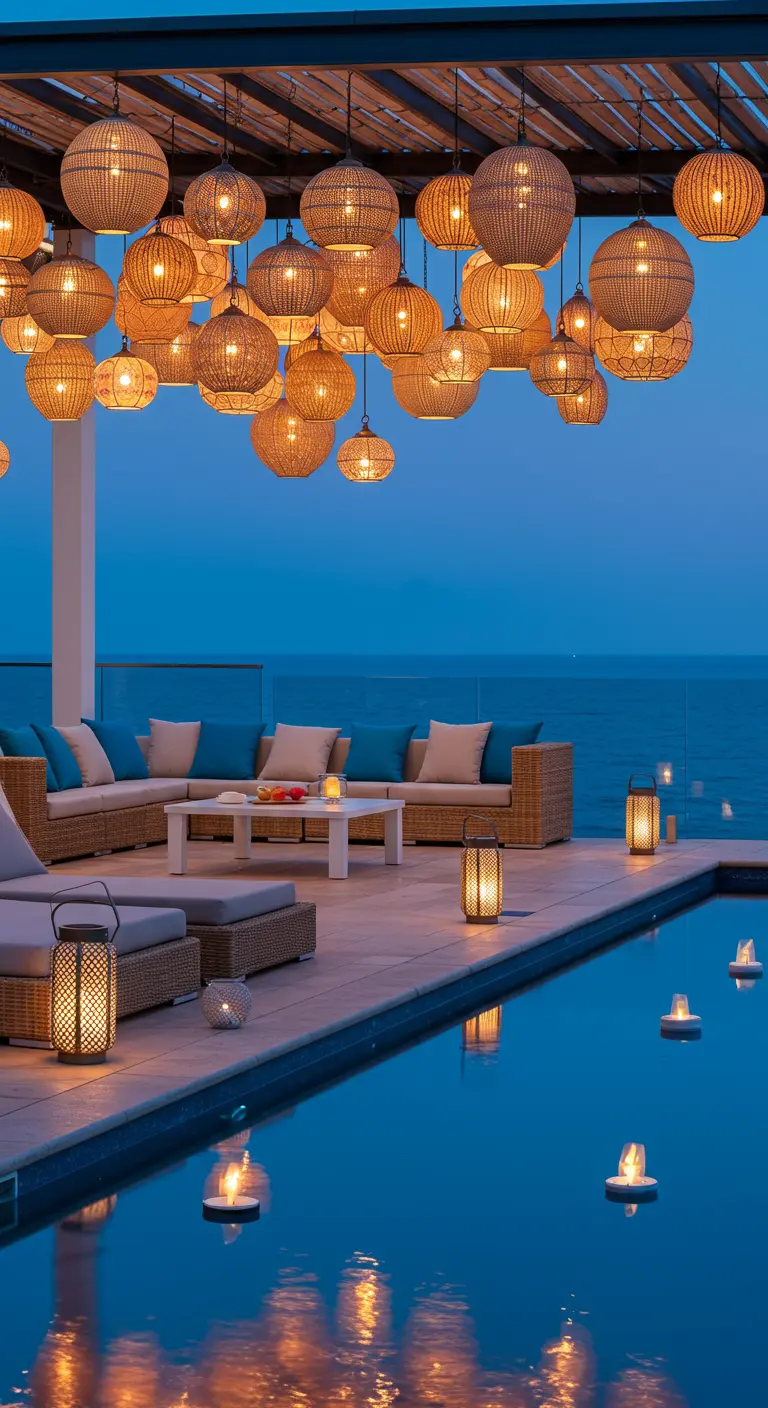 Terrasse luxueuse avec piscine, bord de mer, et grappe de lampions en rotin suspendus.