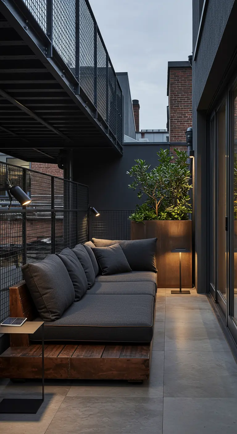 Terrasse urbaine moderne avec canapé gris, structure en bois, éclairage mural et plante en pot, ambiance chic.