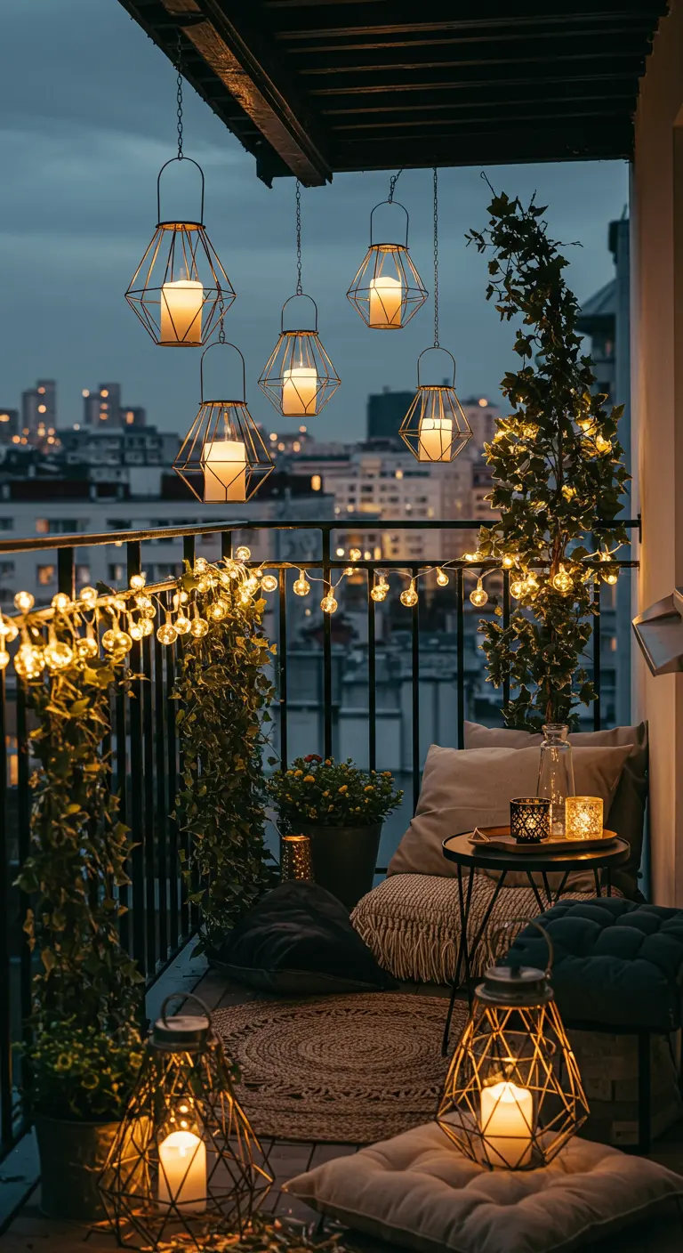 Balcon urbain avec lanternes géométriques en métal, guirlandes LED et lierre grimpant.