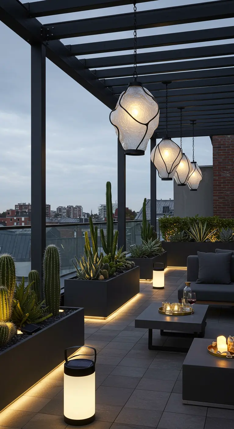 Terrasse contemporaine avec suspensions géométriques lumineuses, jardinières de cactus et mobilier gris.