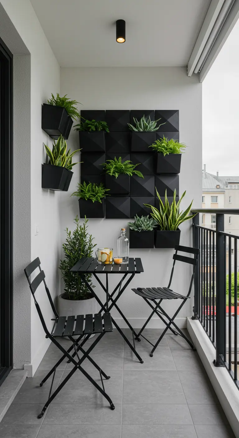 Balcon moderne avec pots muraux noirs géométriques, plantes vertes et mobilier noir.
